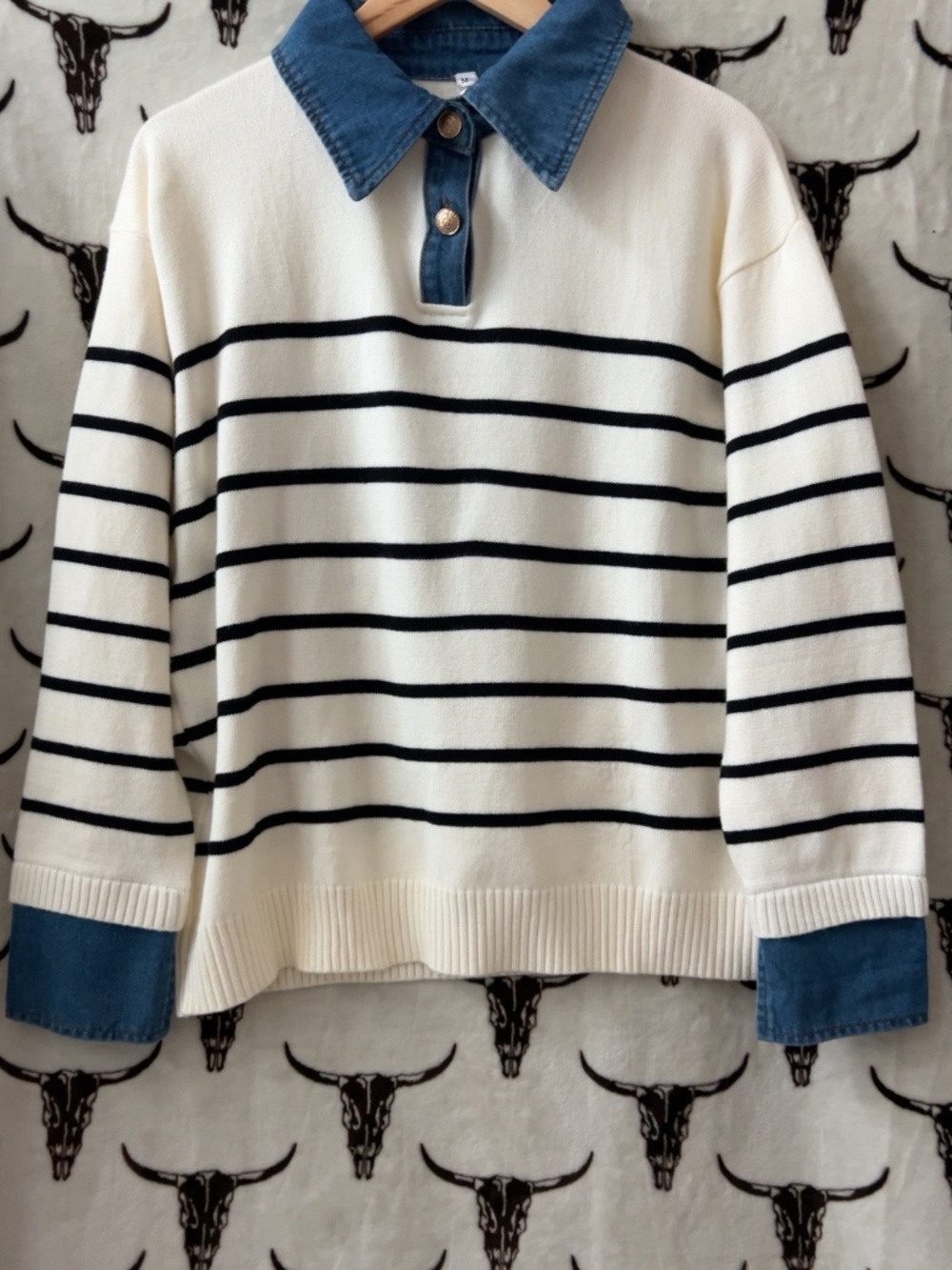 ETCYY Striped Sweater Denim Collar Cuffs Gold Buttons Women’s M